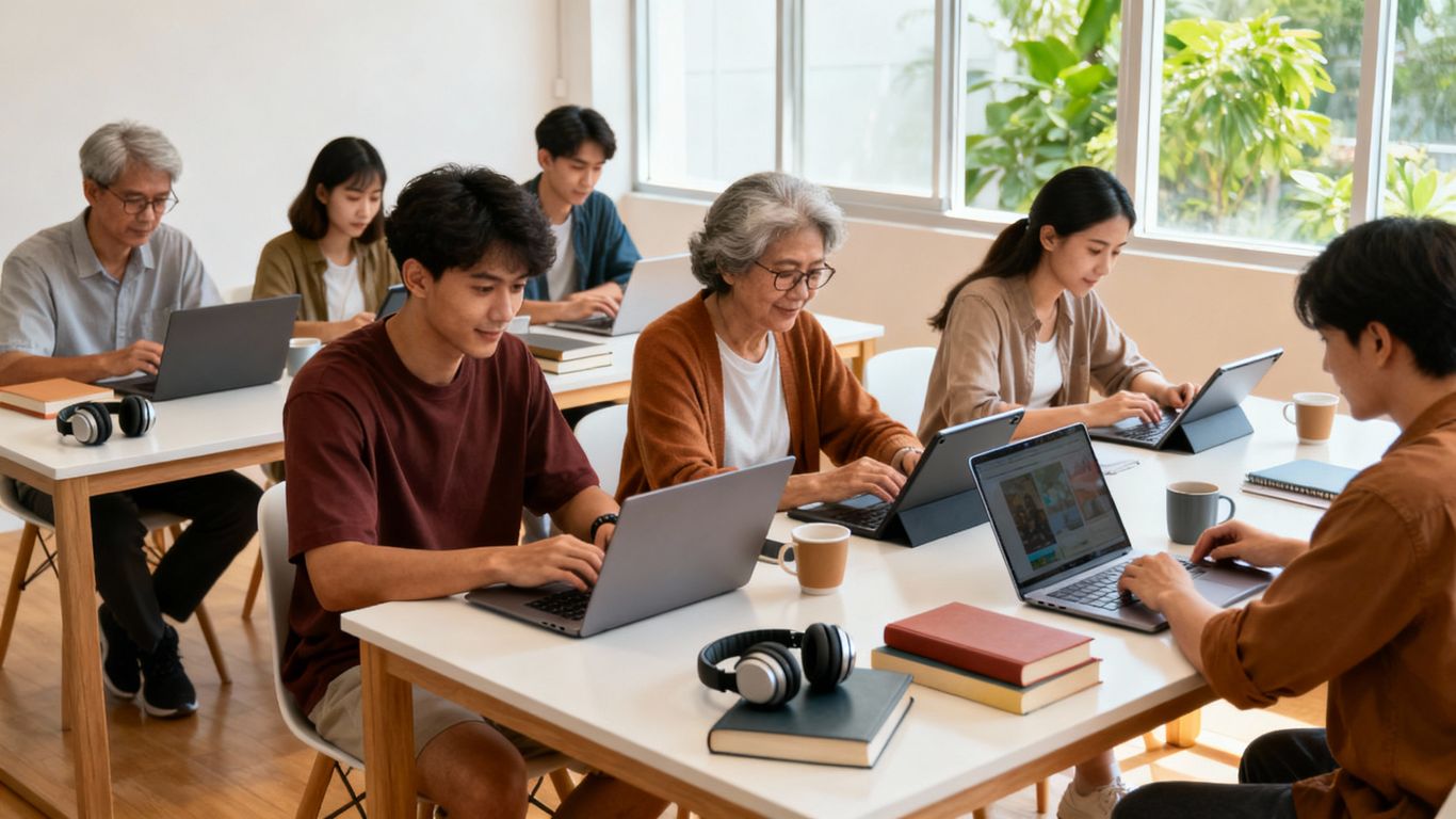 People using laptops for online learning in workspace