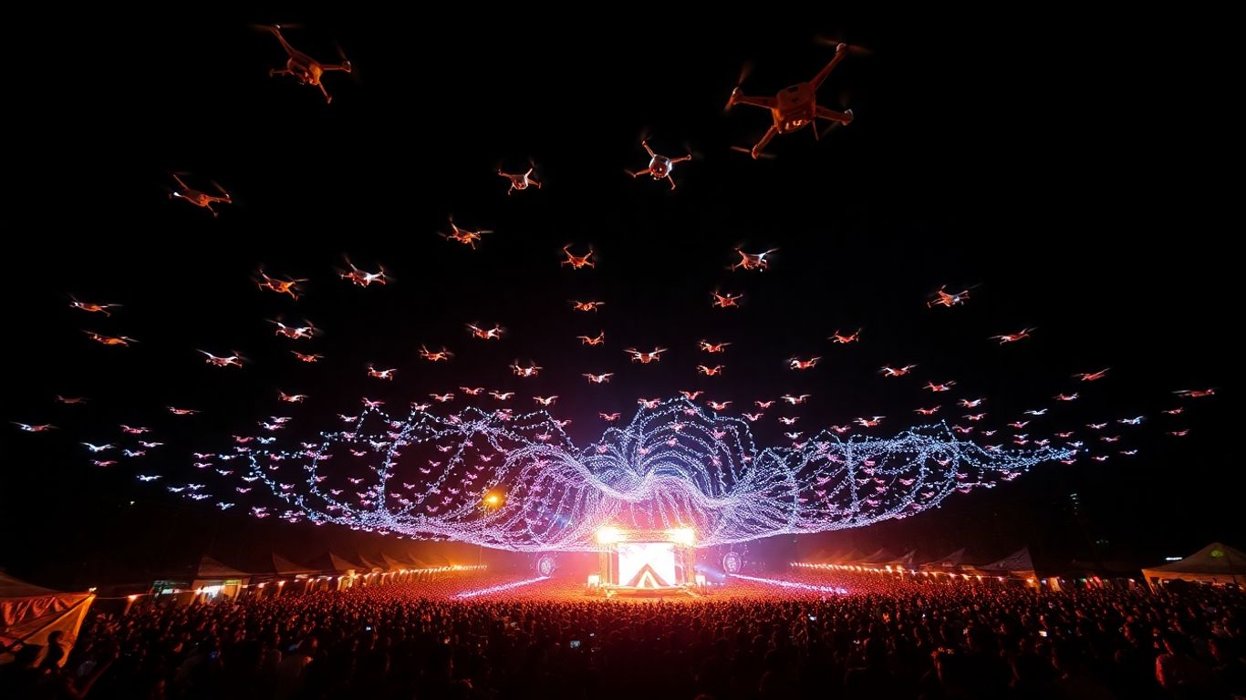 Drone light show over Indonesian festival at night.