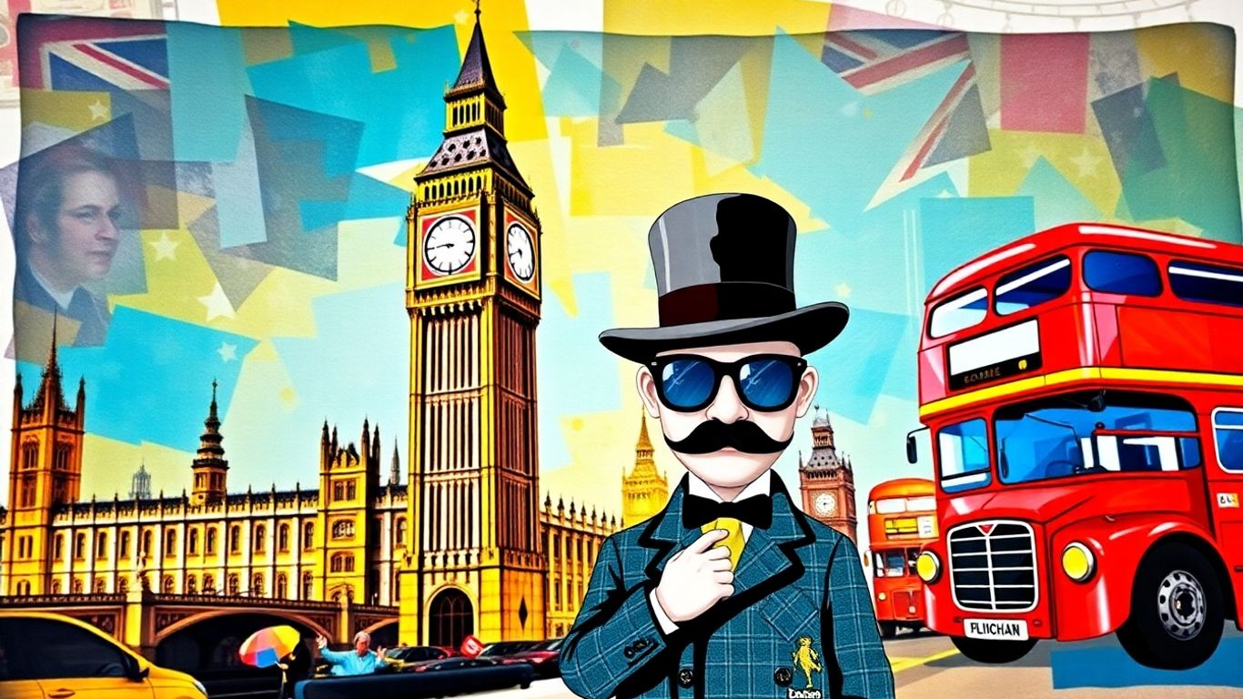 Quirky London landmarks and eccentric characters in a vibrant collage.