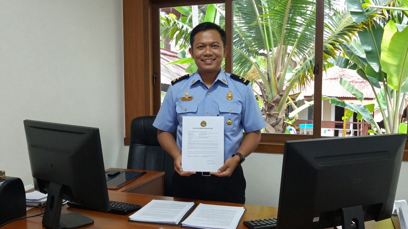 Notary public in Labuan Bajo office with documents.