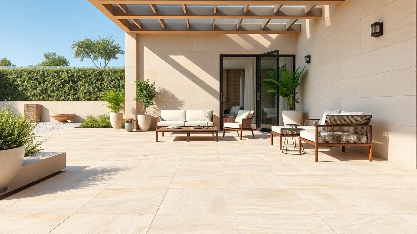 Modern patio with beige travertine tiles and greenery