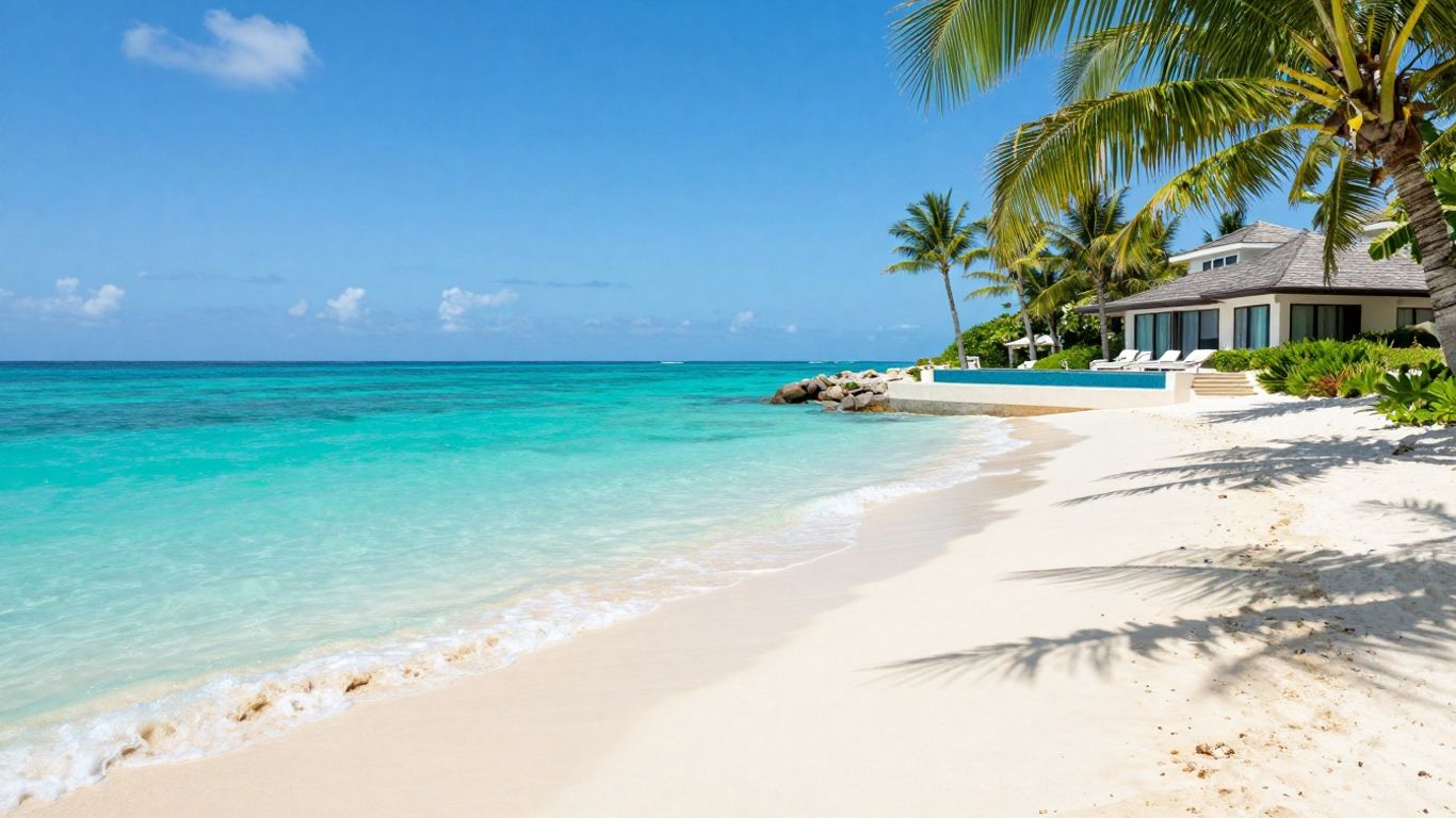 Traumhafter Strand mit Villa und Palmen am Meer