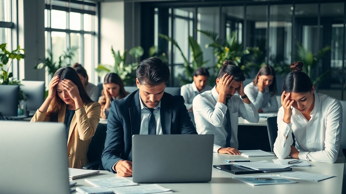 Agents de bureau fatigués et stressés dans un espace moderne.