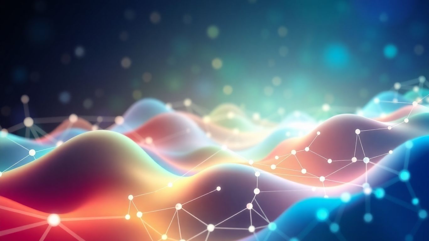 Digital network with glowing nodes and data flow.