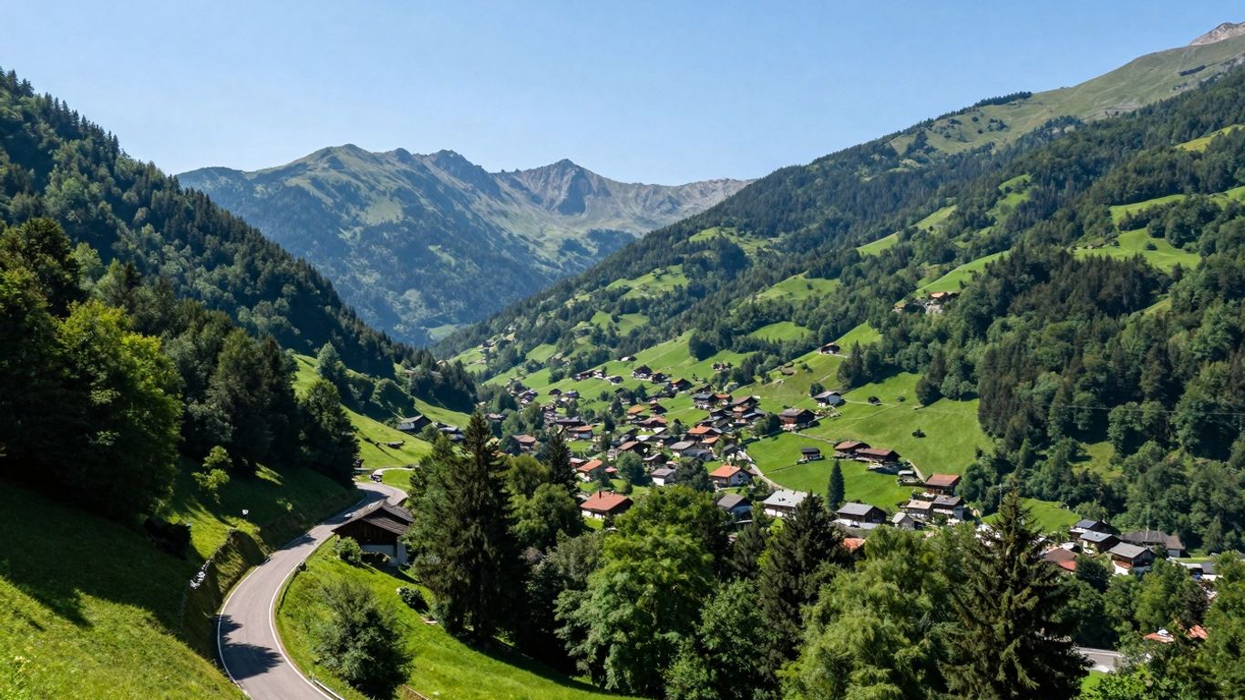 Górski krajobraz z zielonymi lasami i drogą do Iwonicza-Zdroju.