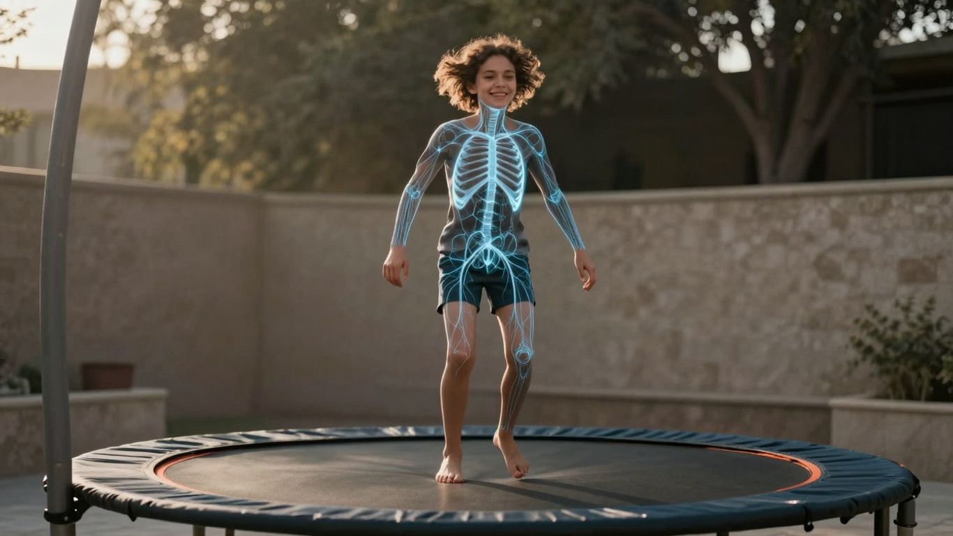 Person bouncing on trampoline, lymphatic system visualized.