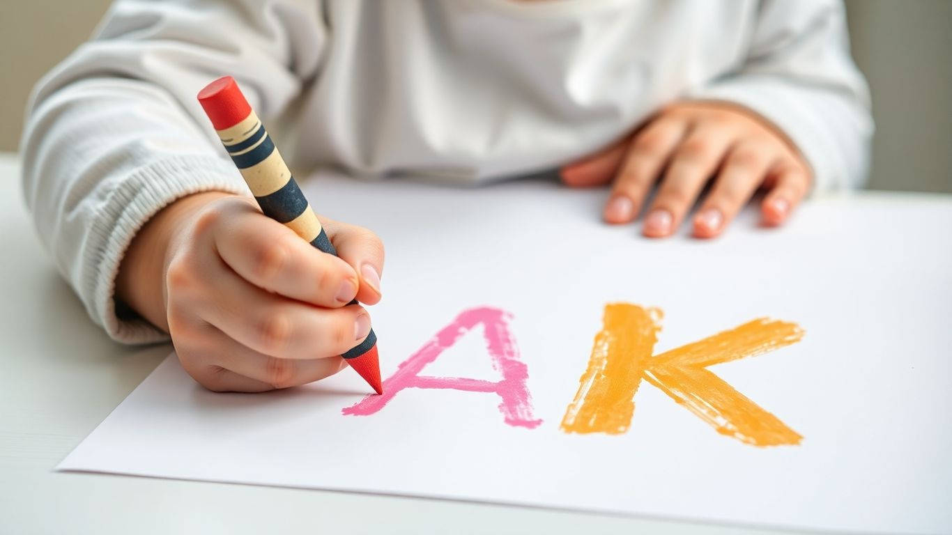 Toddler tracing letters with crayon, close-up.