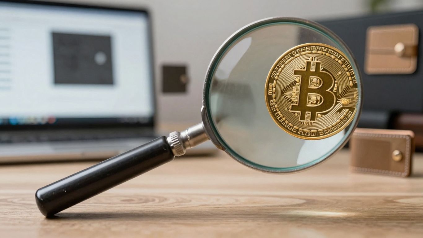 Magnifying glass over Bitcoin, digital wallets, computer screens.