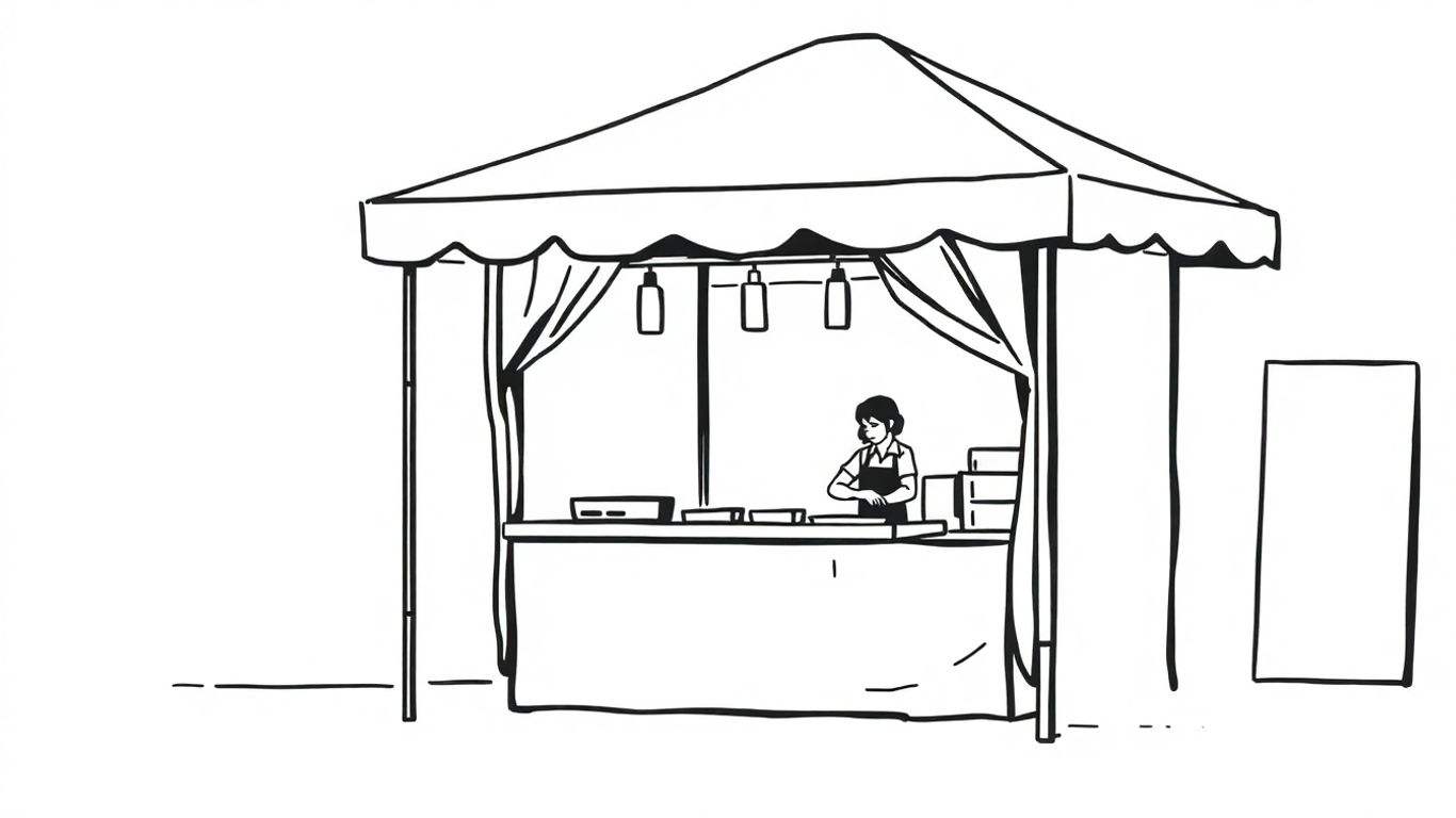 Street food gazebo ready for service, black and white illustration.