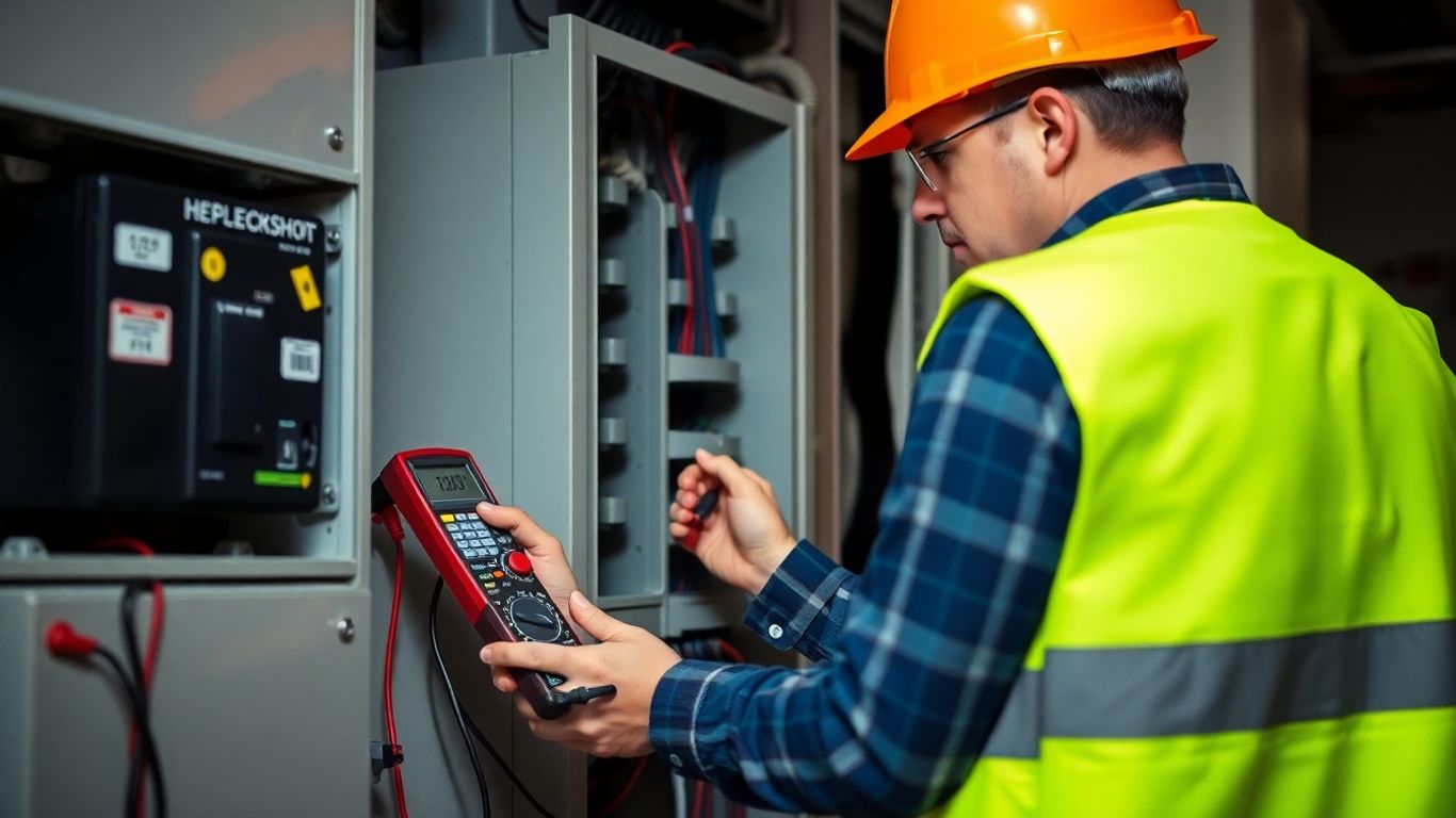 Electrician checking an electrical panel with a tool.