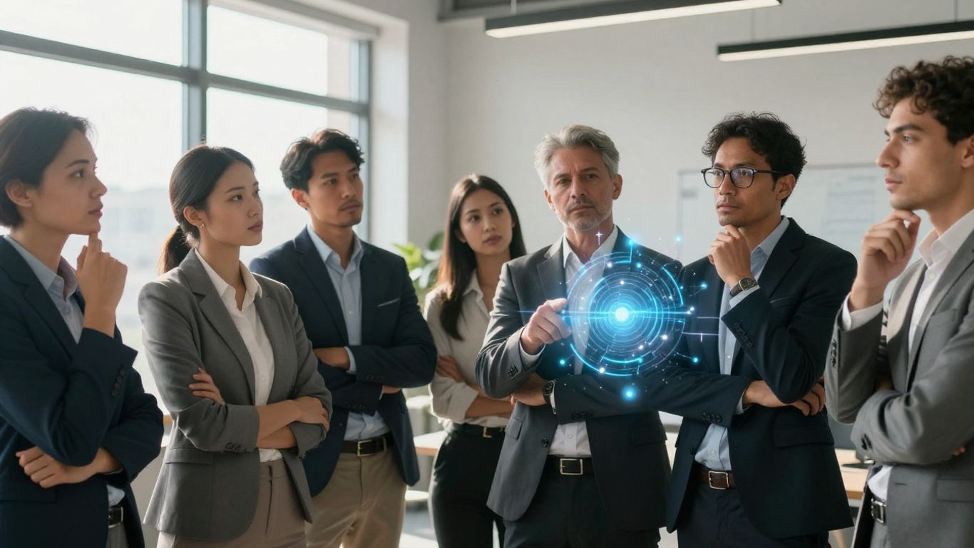 Business people contemplating abstract data flow in an office.