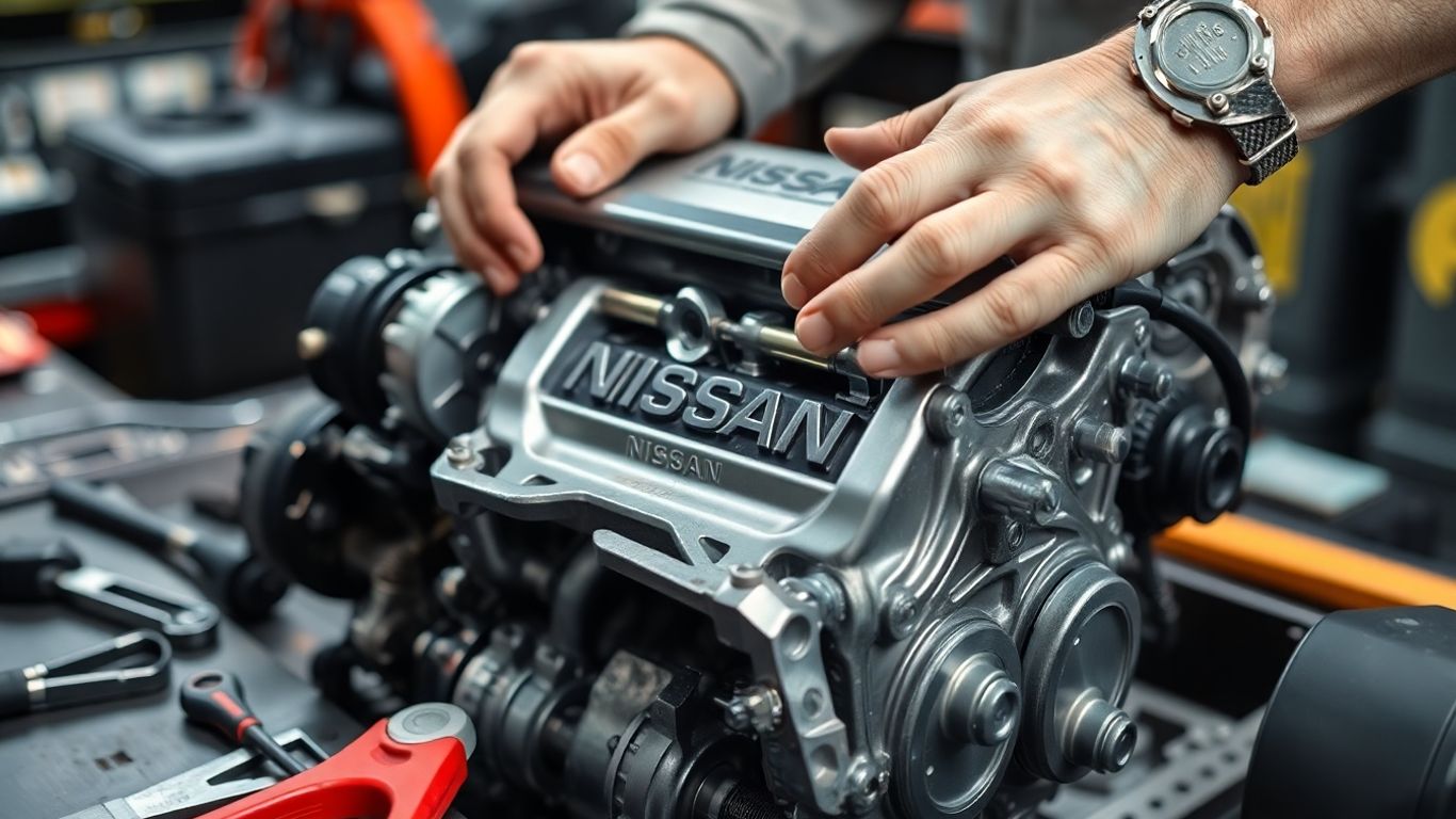 Mechanic working on a Nissan engine and gearbox.