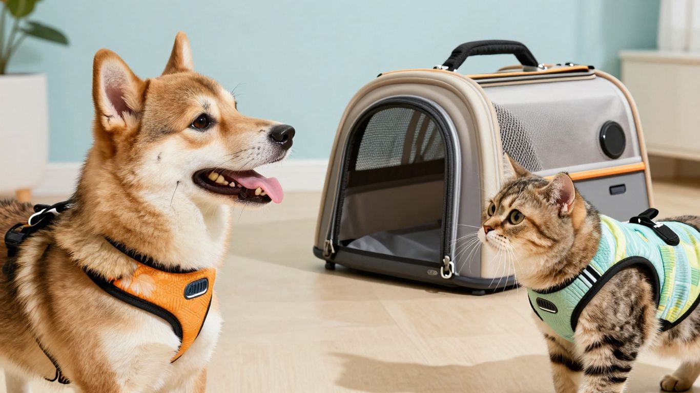Pets enjoying stylish accessories in a bright, happy setting.