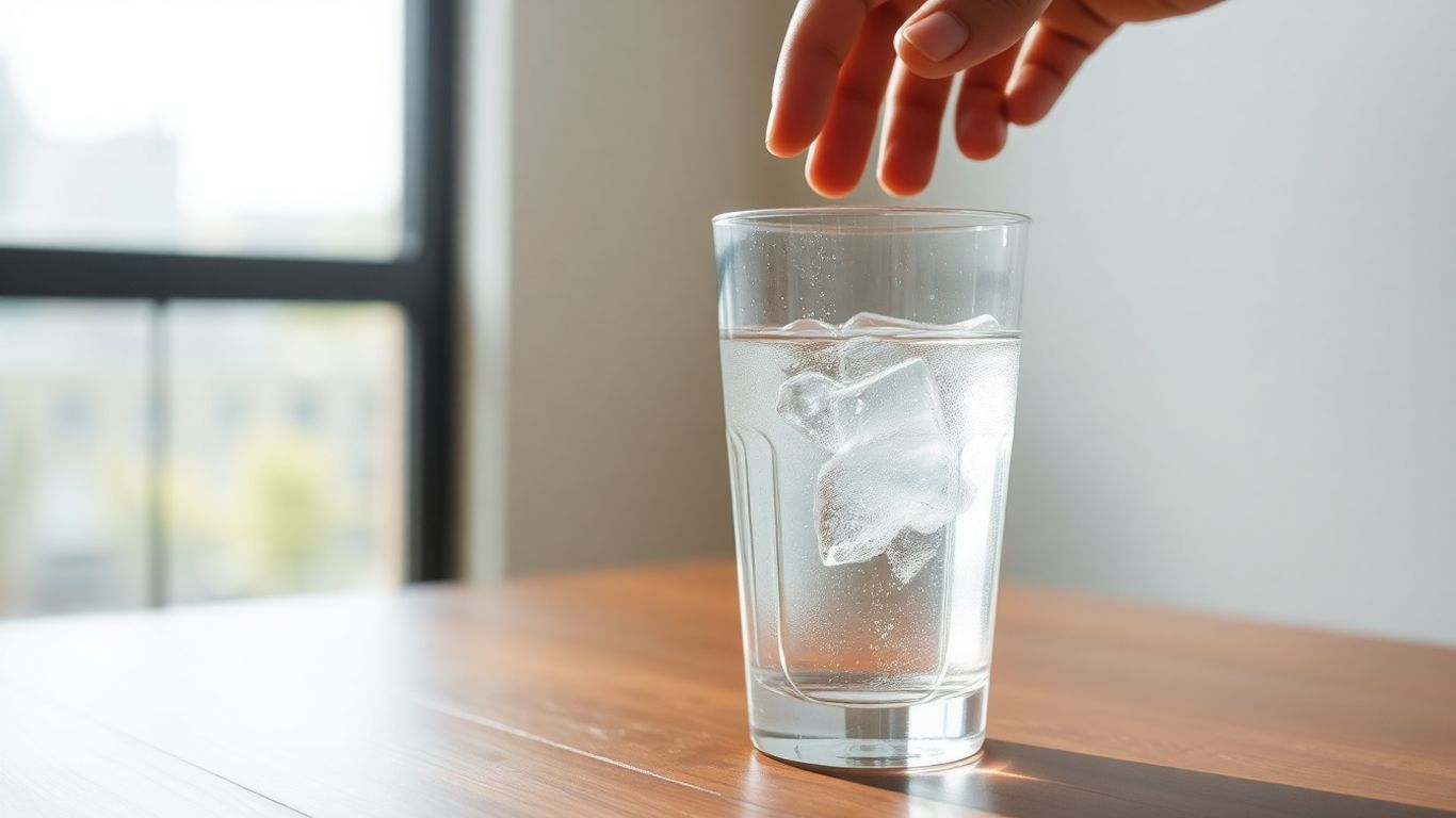 Glass of water with a hand reaching for it.