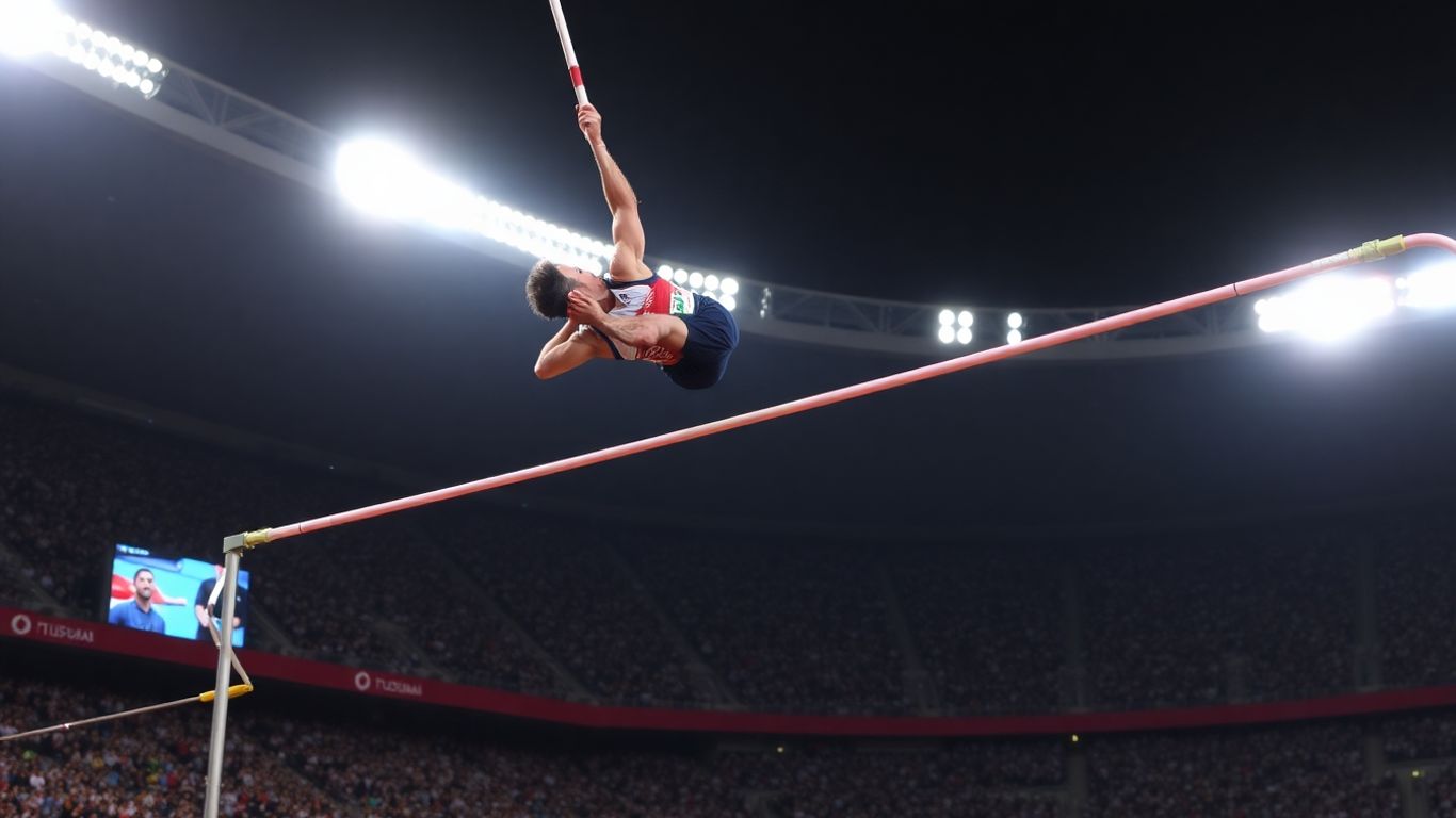 Duplantis en plein saut à la perche, record du monde battu.