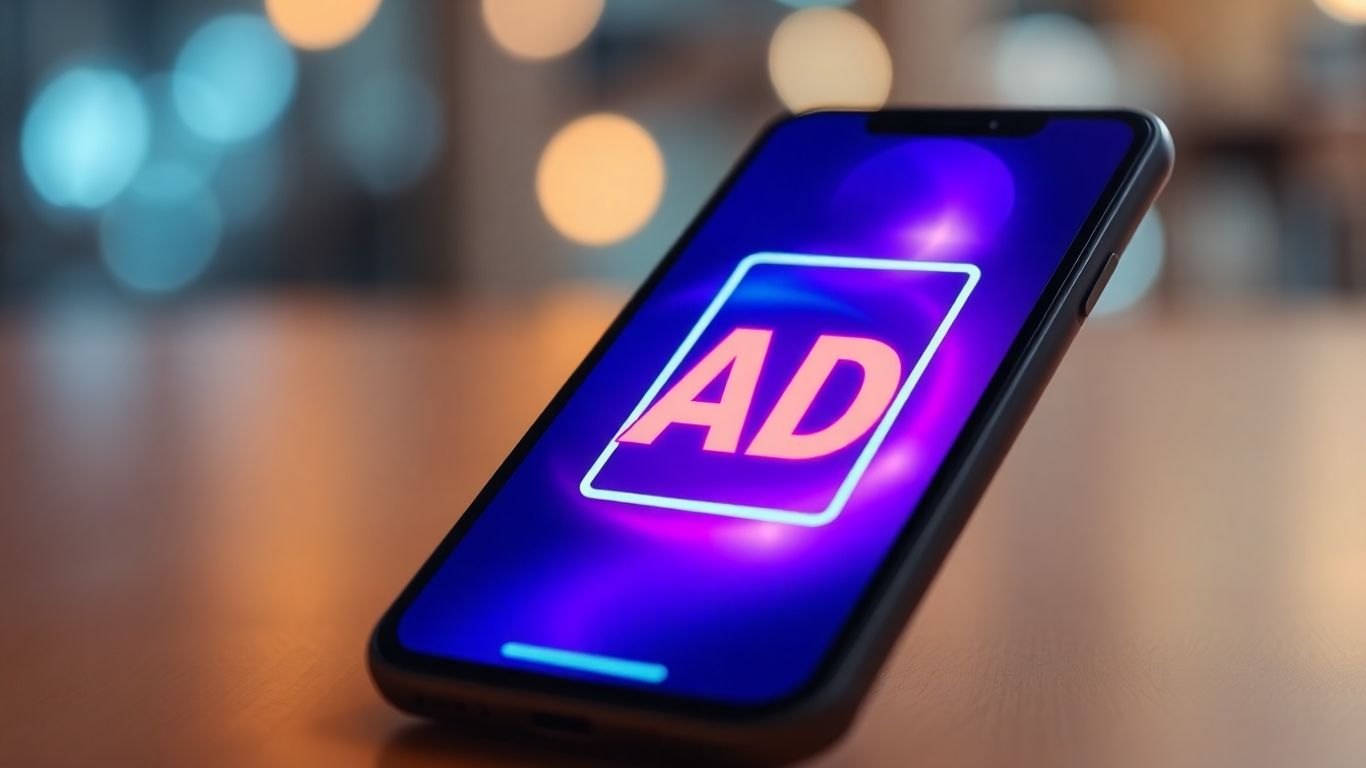 Tela de celular com anúncio digital brilhante.
