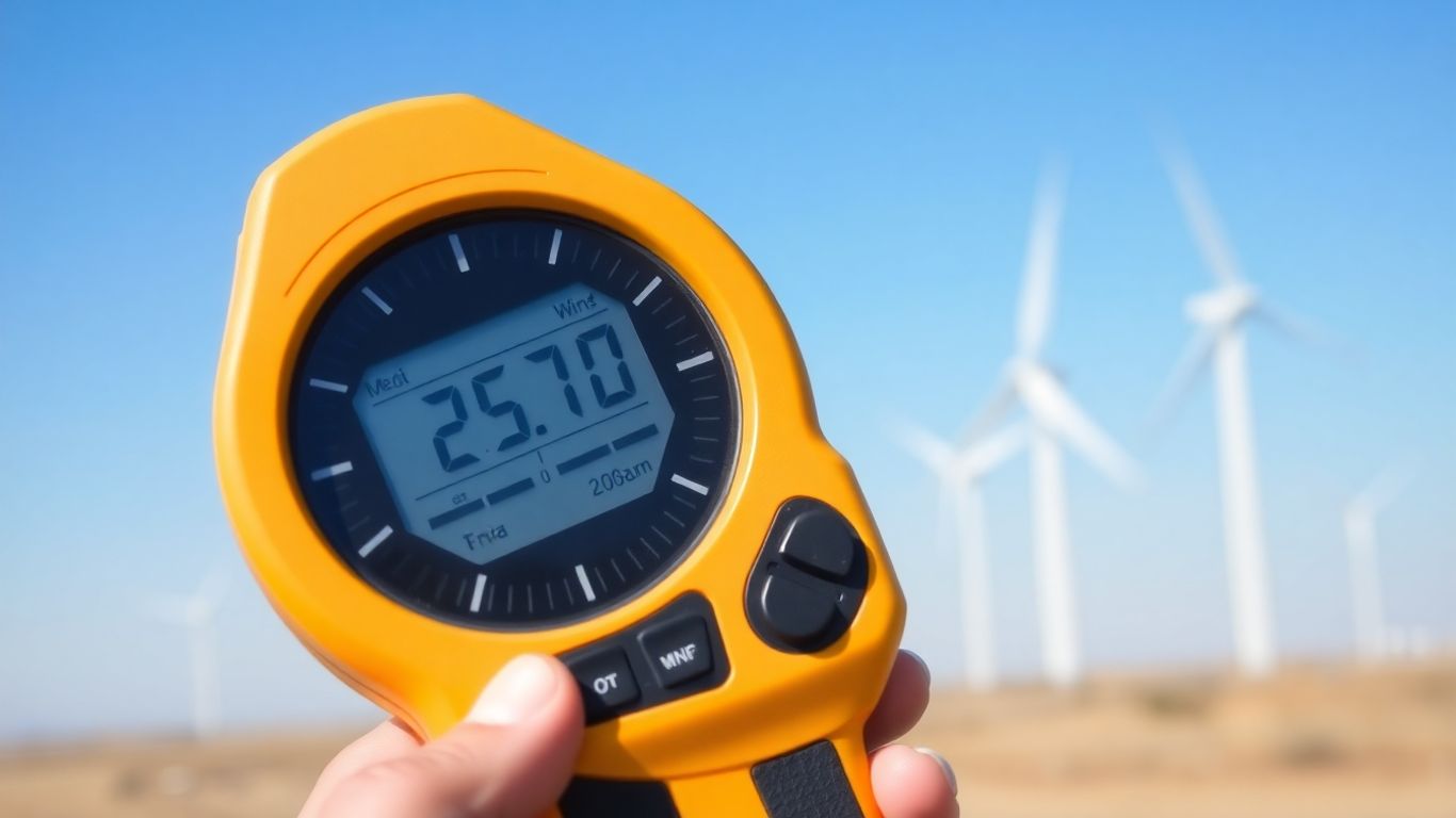Anémomètre portable et éoliennes sous un ciel bleu