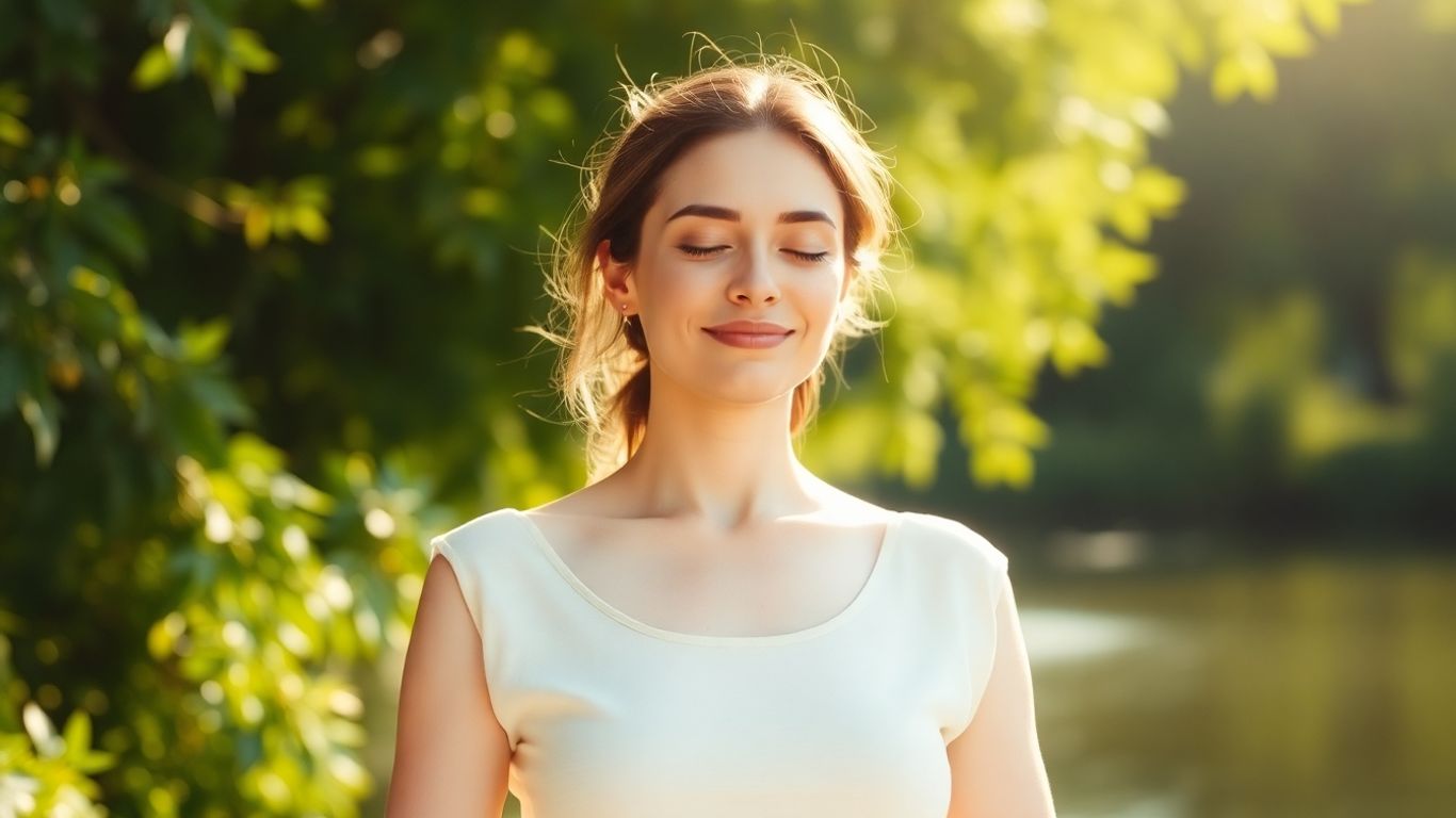 Femeie relaxată meditează în natură, cu ochii închiși.