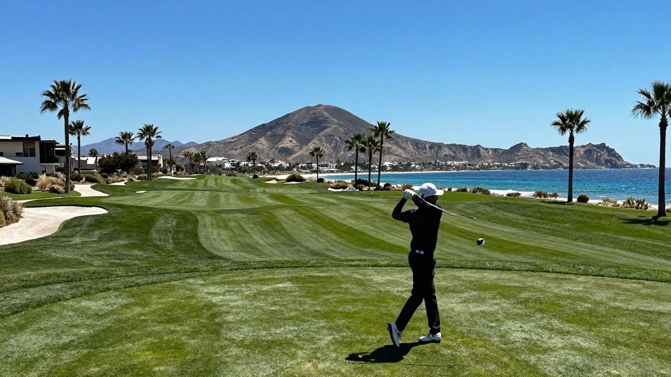 Golfer swings on a scenic Cabo golf course by the ocean.