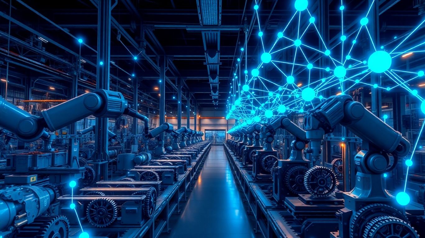 Blockchain and manufacturing innovations in a futuristic factory.