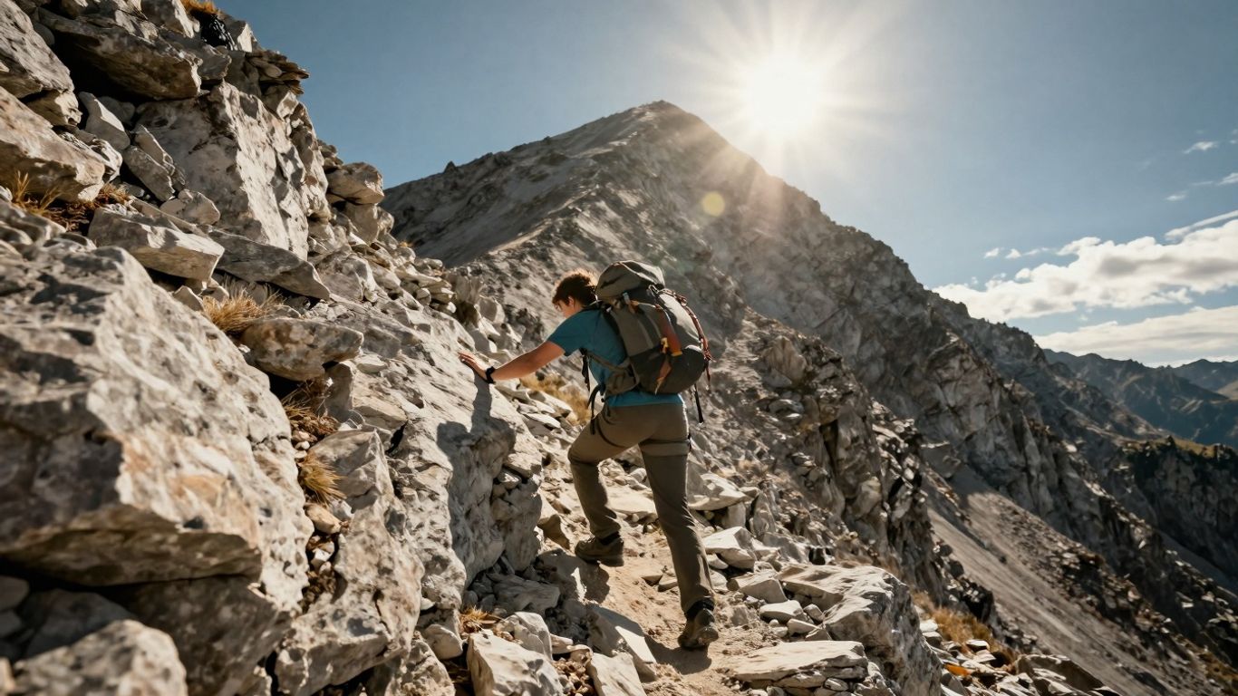 Persoană urcând un munte spre vârf