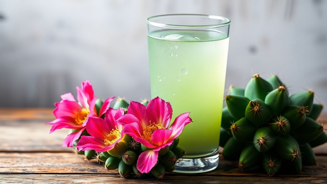 Glass of cactus water with cactus pads and flowers.