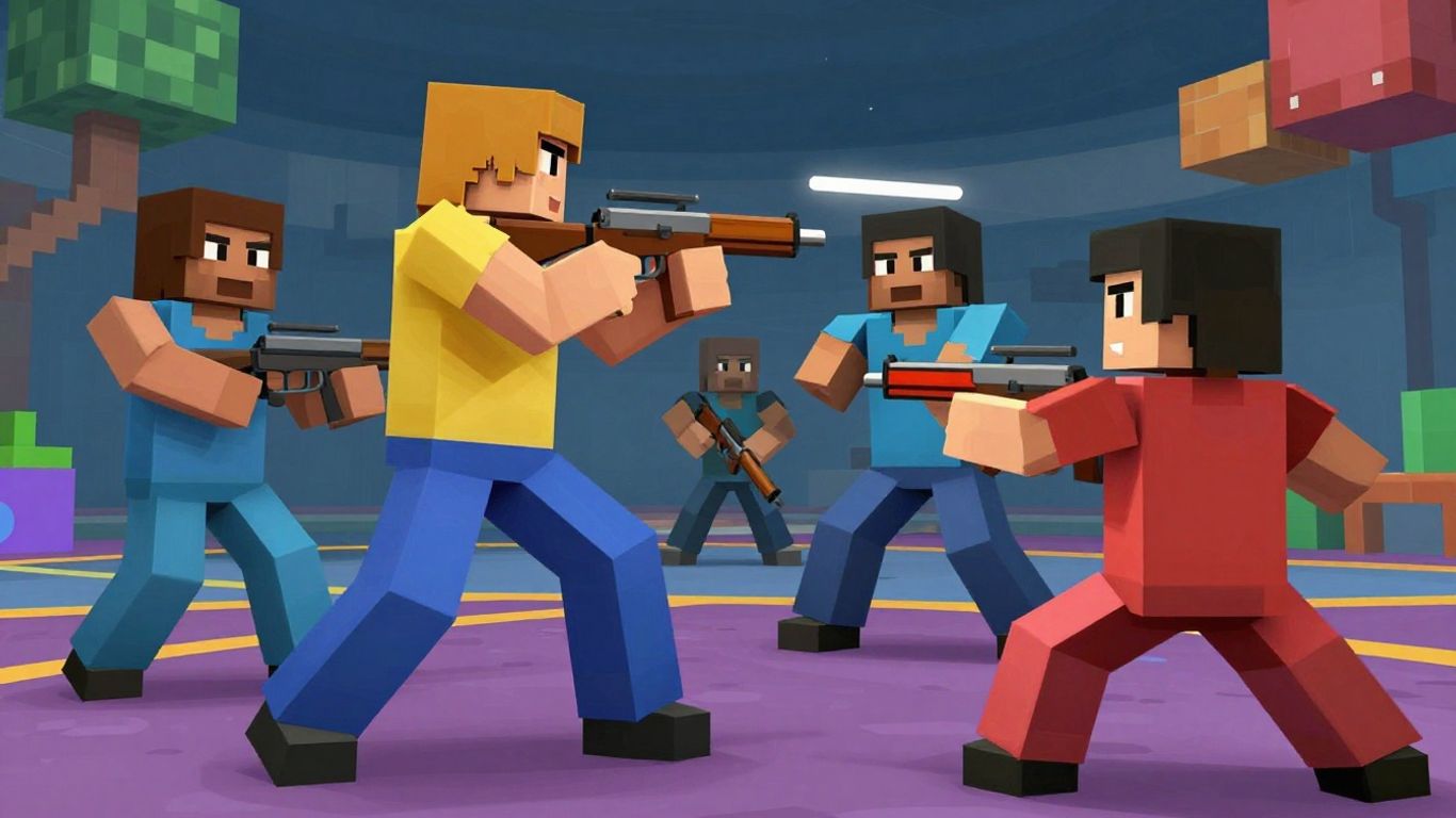 Krunker game characters in a colorful, blocky battle scene.