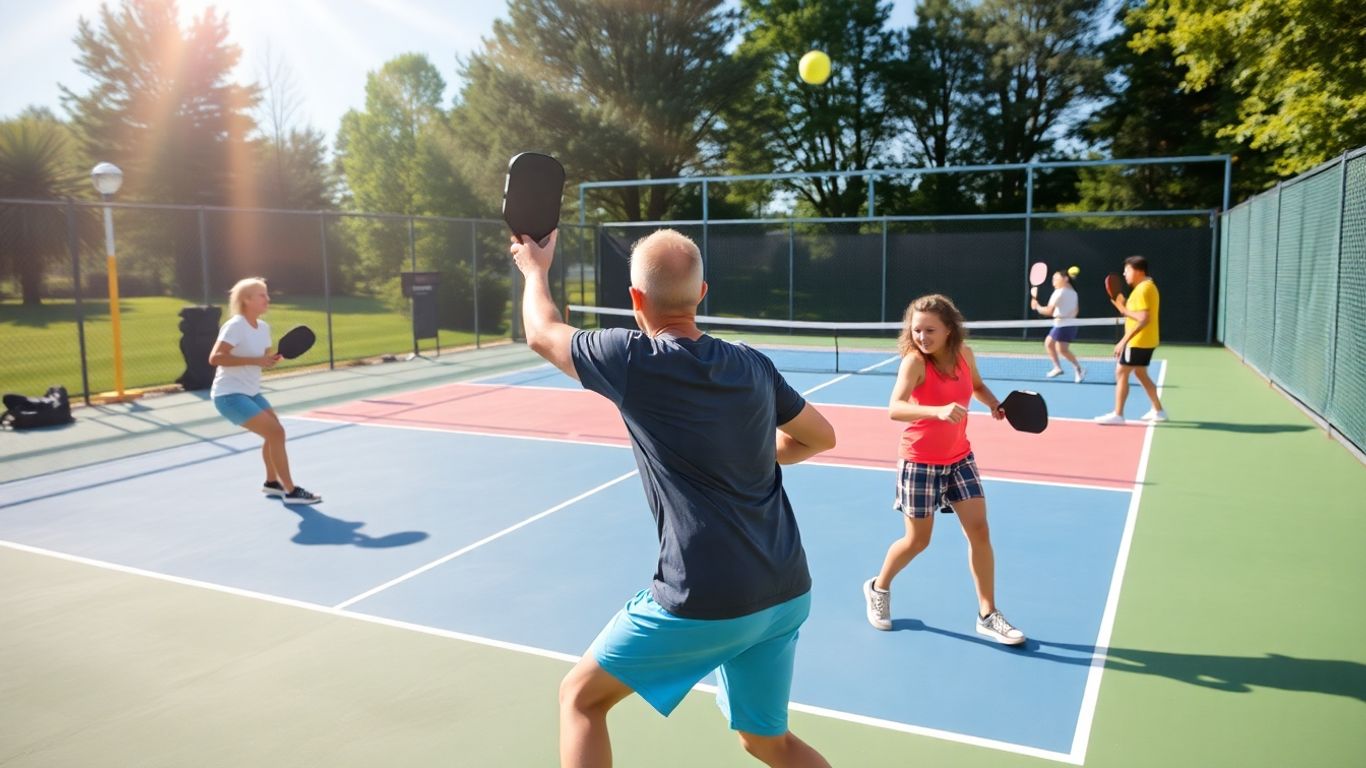 Pickleball players in action on a sunny court.