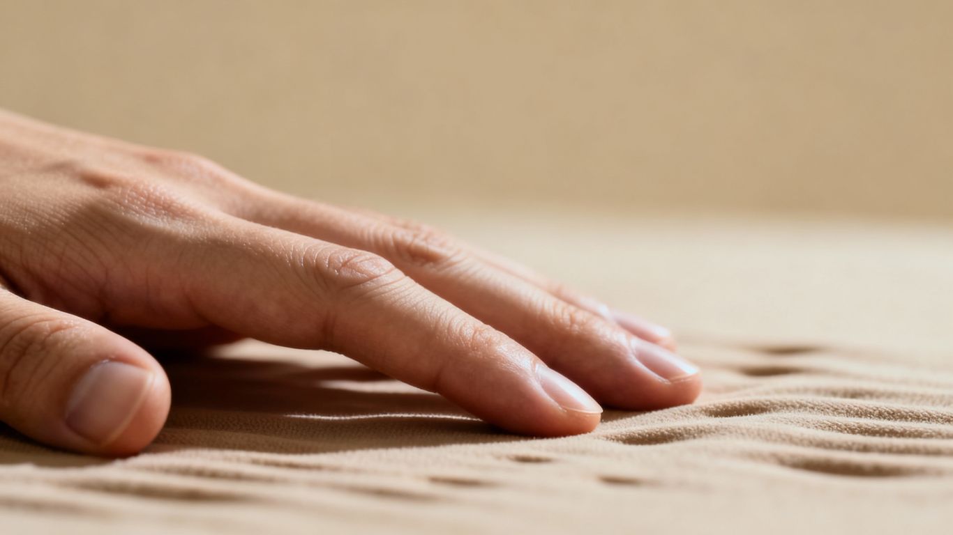 Hand touching a textured surface, soft light.