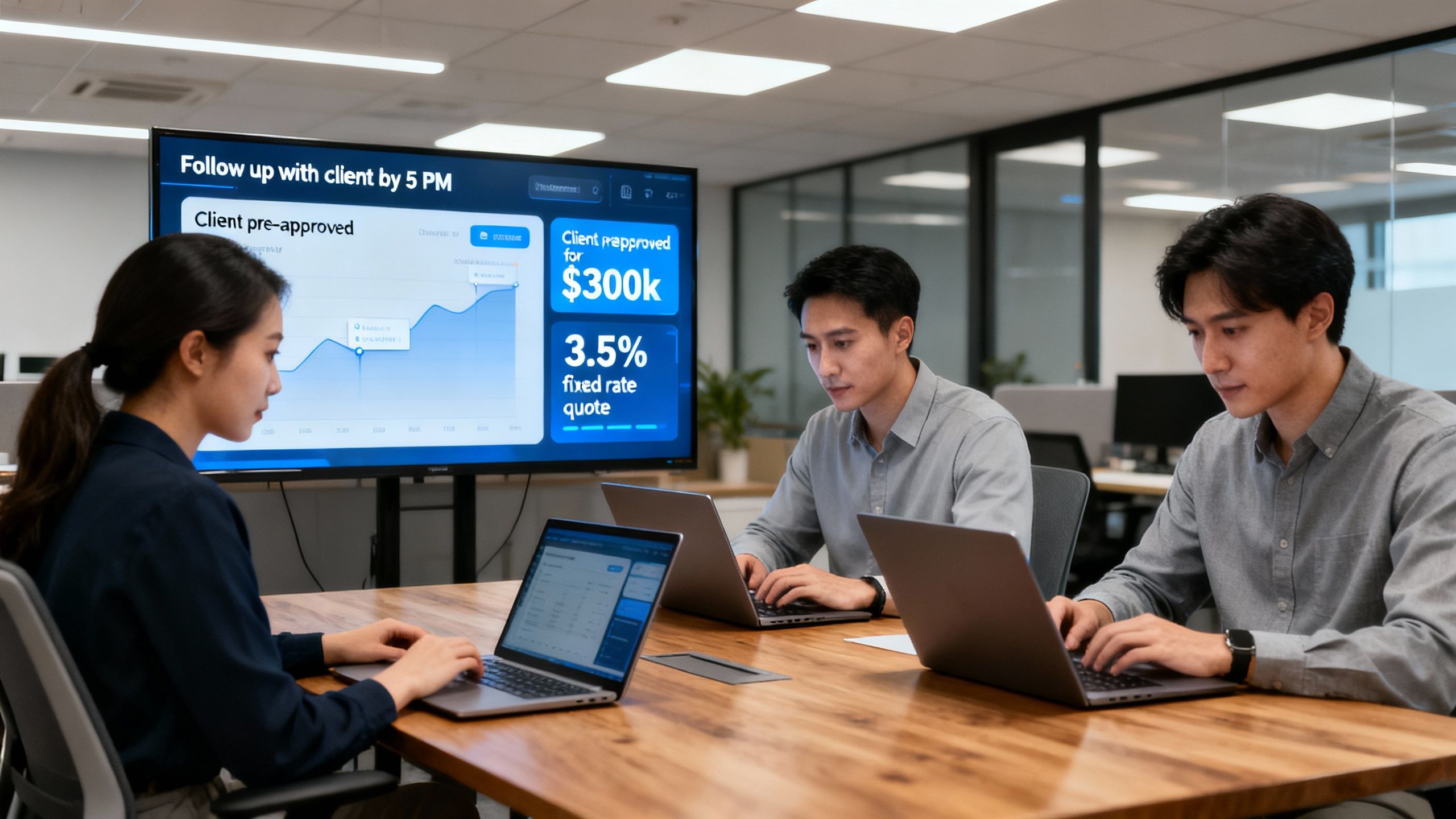 Business scenario: team managing mortgage leads with notes, reminders, and digital quotes on screen