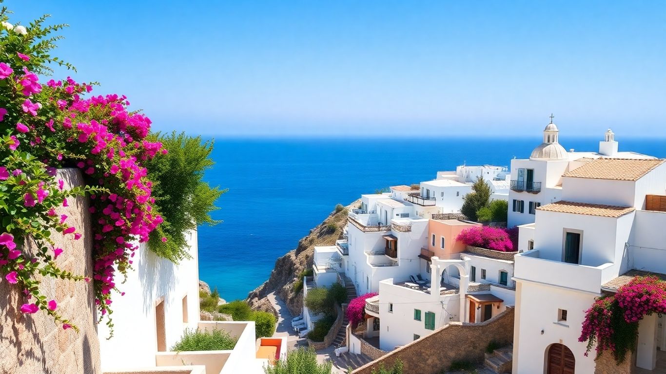 Whitewashed village on a cliff overlooking the Aegean Sea.