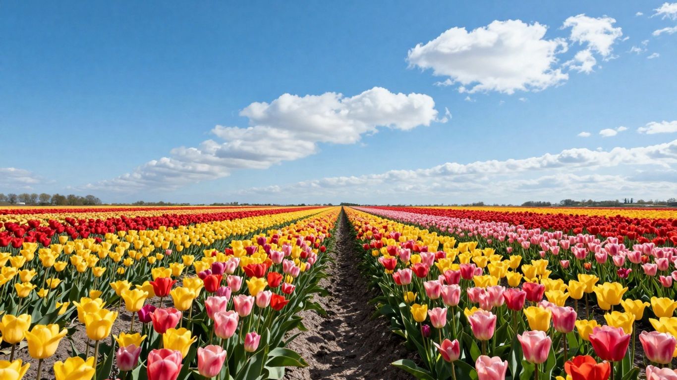 Bloeiende tulpen in een Nederlandse veld onder een blauwe hemel.