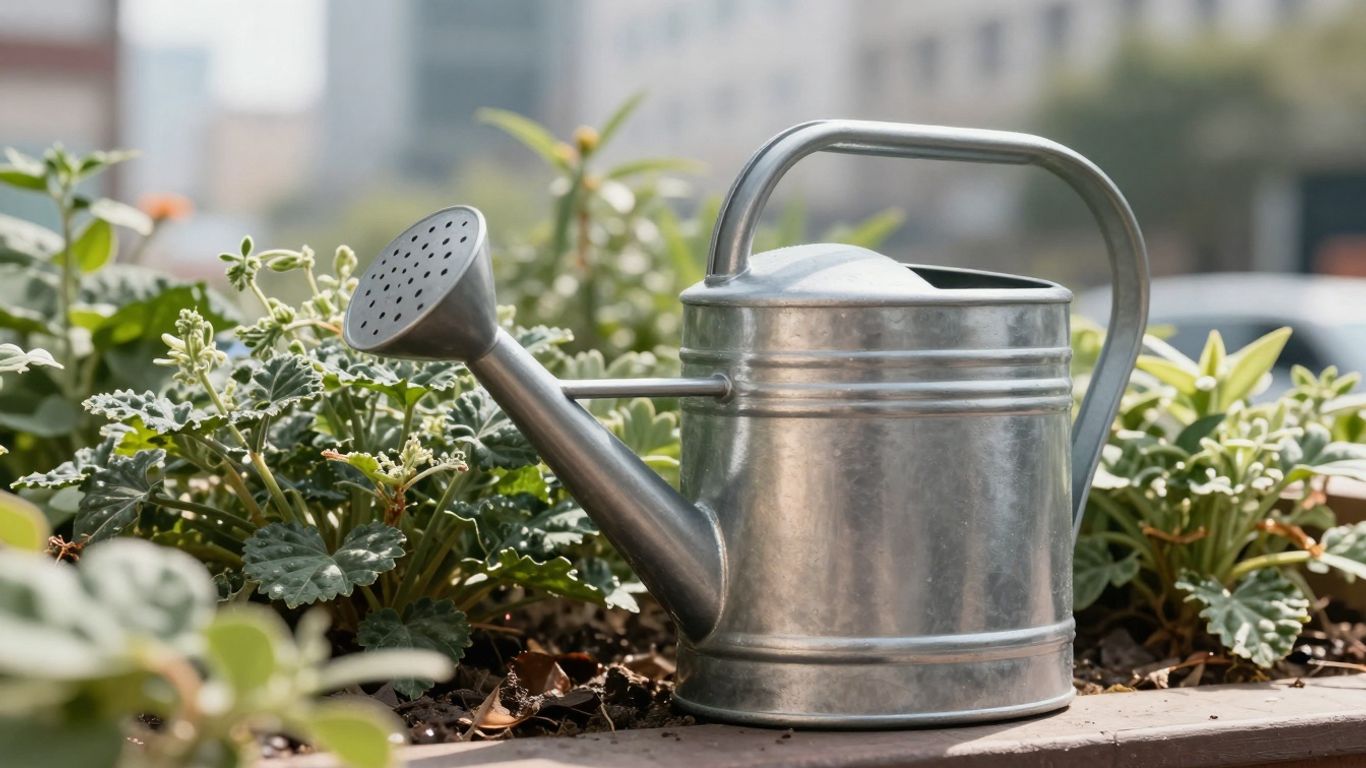Moderne Gießkanne inmitten grüner Stadtpflanzen