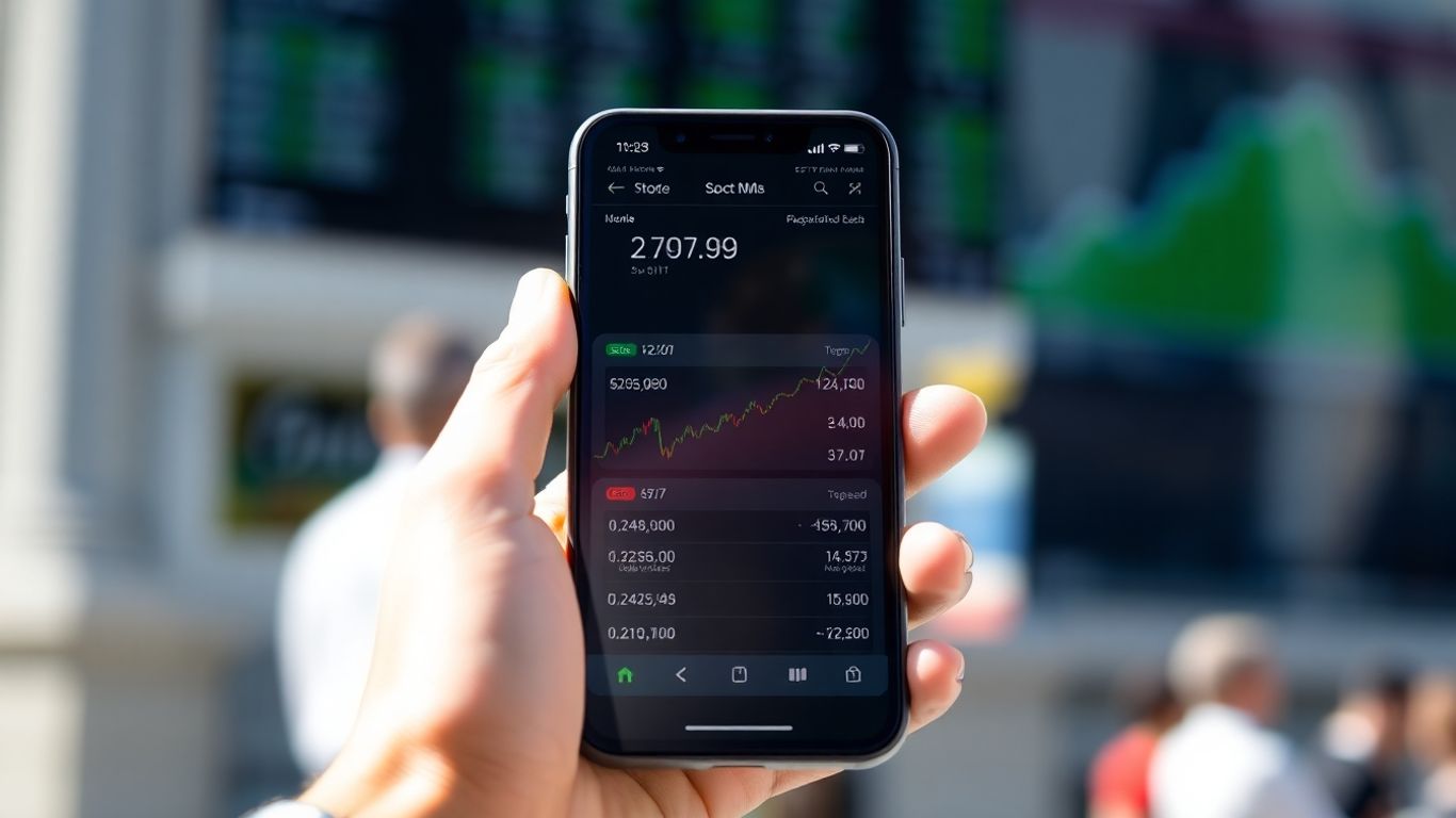 Hands holding smartphone with stock market data.