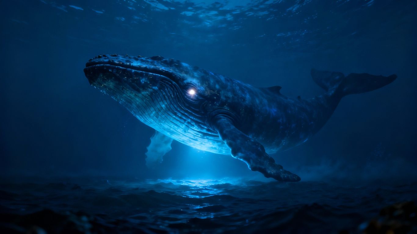Massive whale emerges from deep ocean, reflecting light.