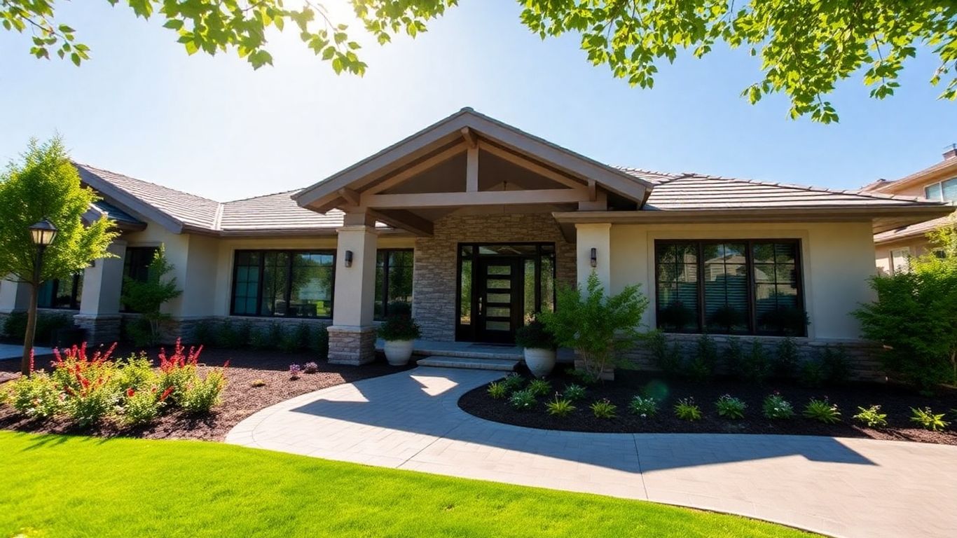 Modern custom home exterior with landscaping