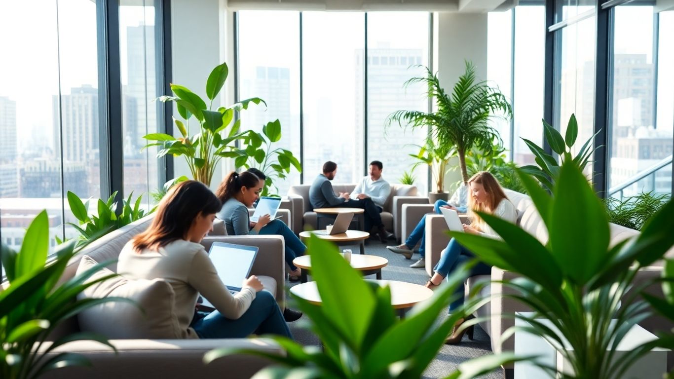 Coworking space with people working on laptops.