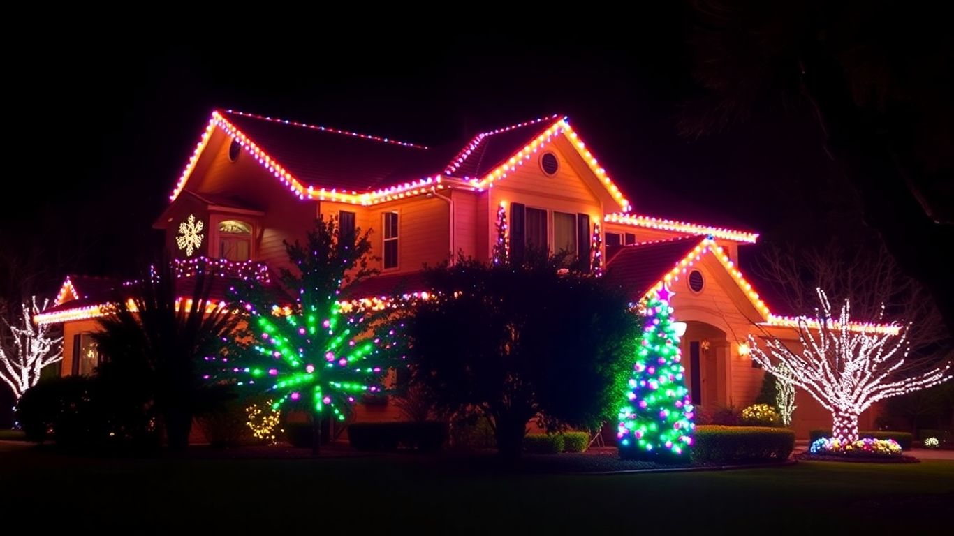 House with permanent Christmas lights glowing at night.
