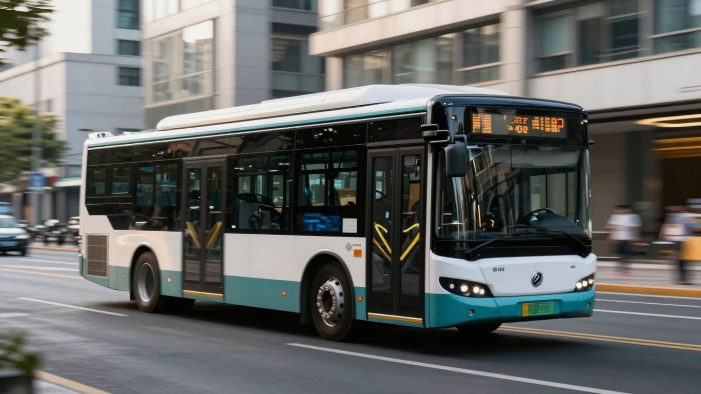 Autobuz electric modern pe o stradă urbană însorită.