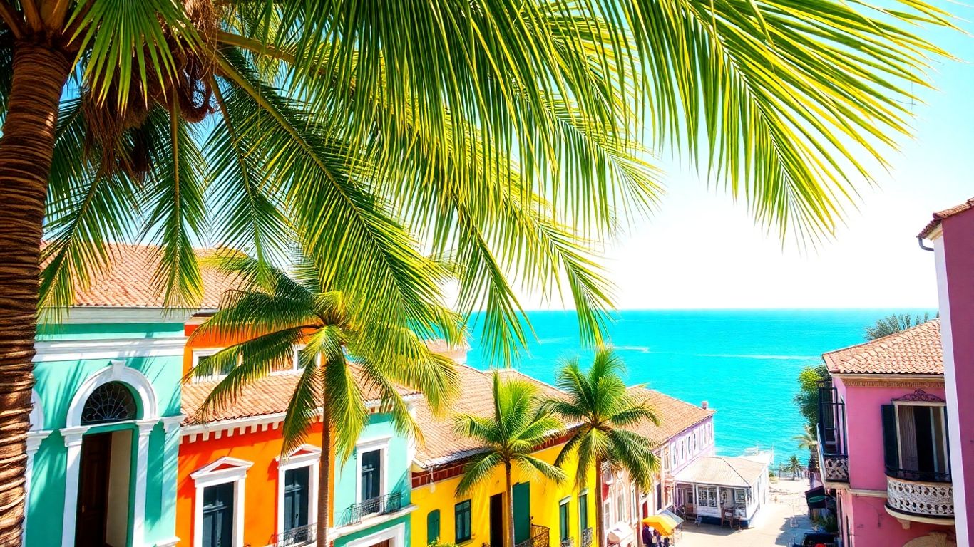 Colorful Cartagena street with palm trees and ocean.