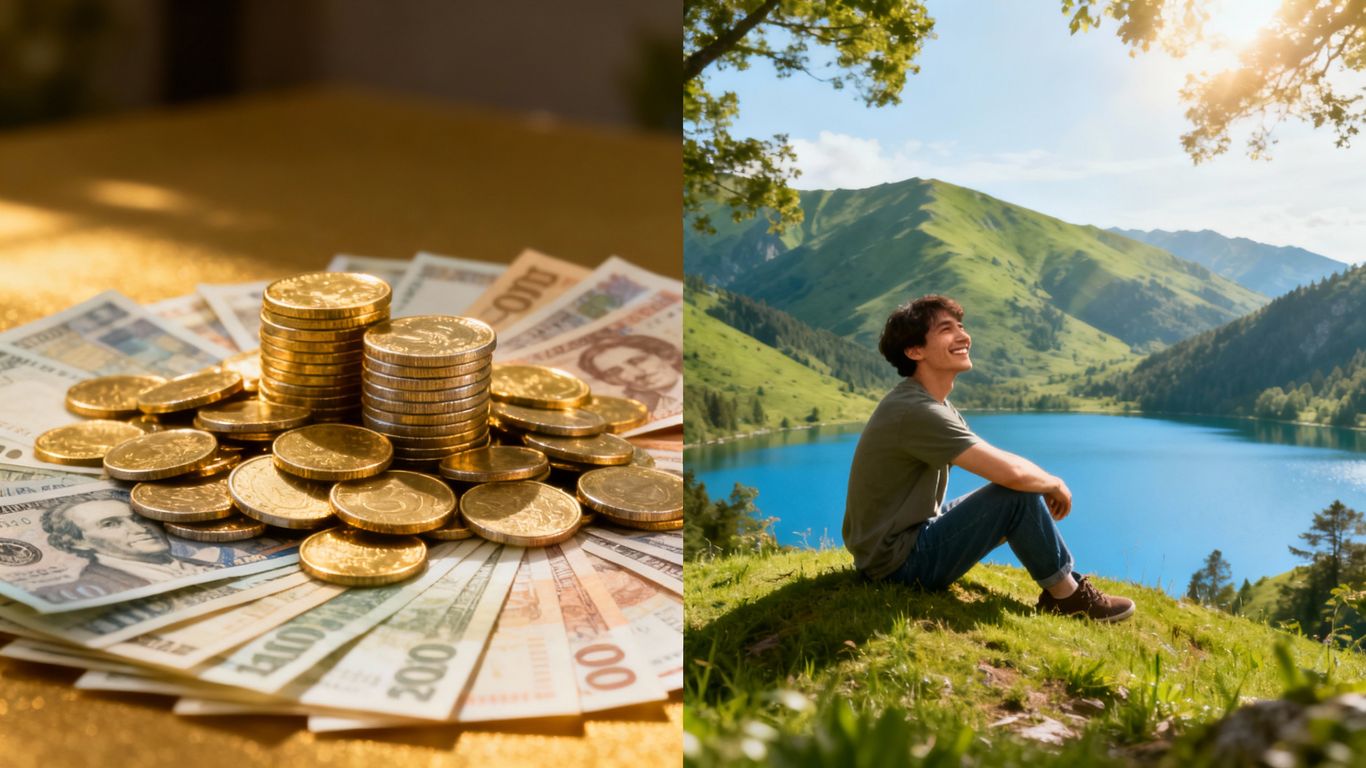 Wealth versus happiness comparison image.