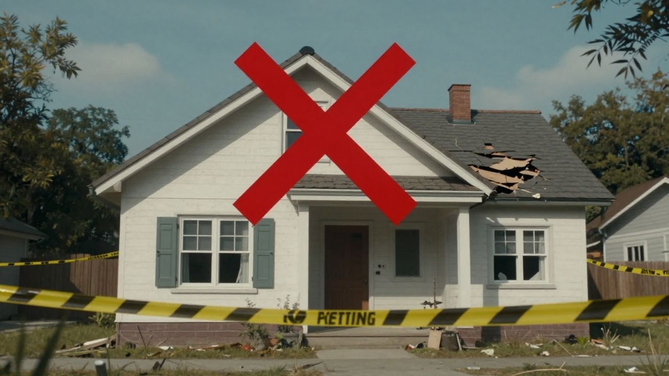 Casa inhabitada con marca de X roja.