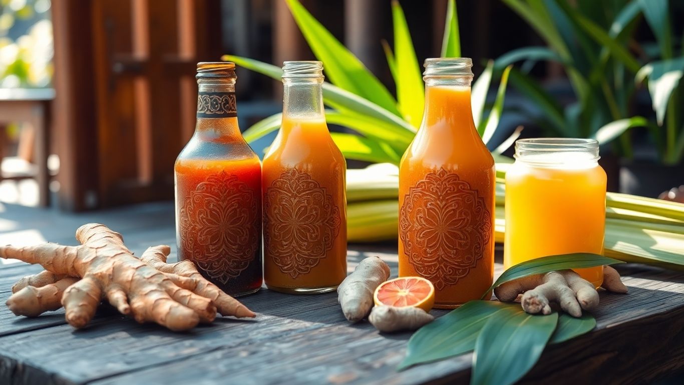 Balinese herbal jamu drinks with fresh roots and leaves