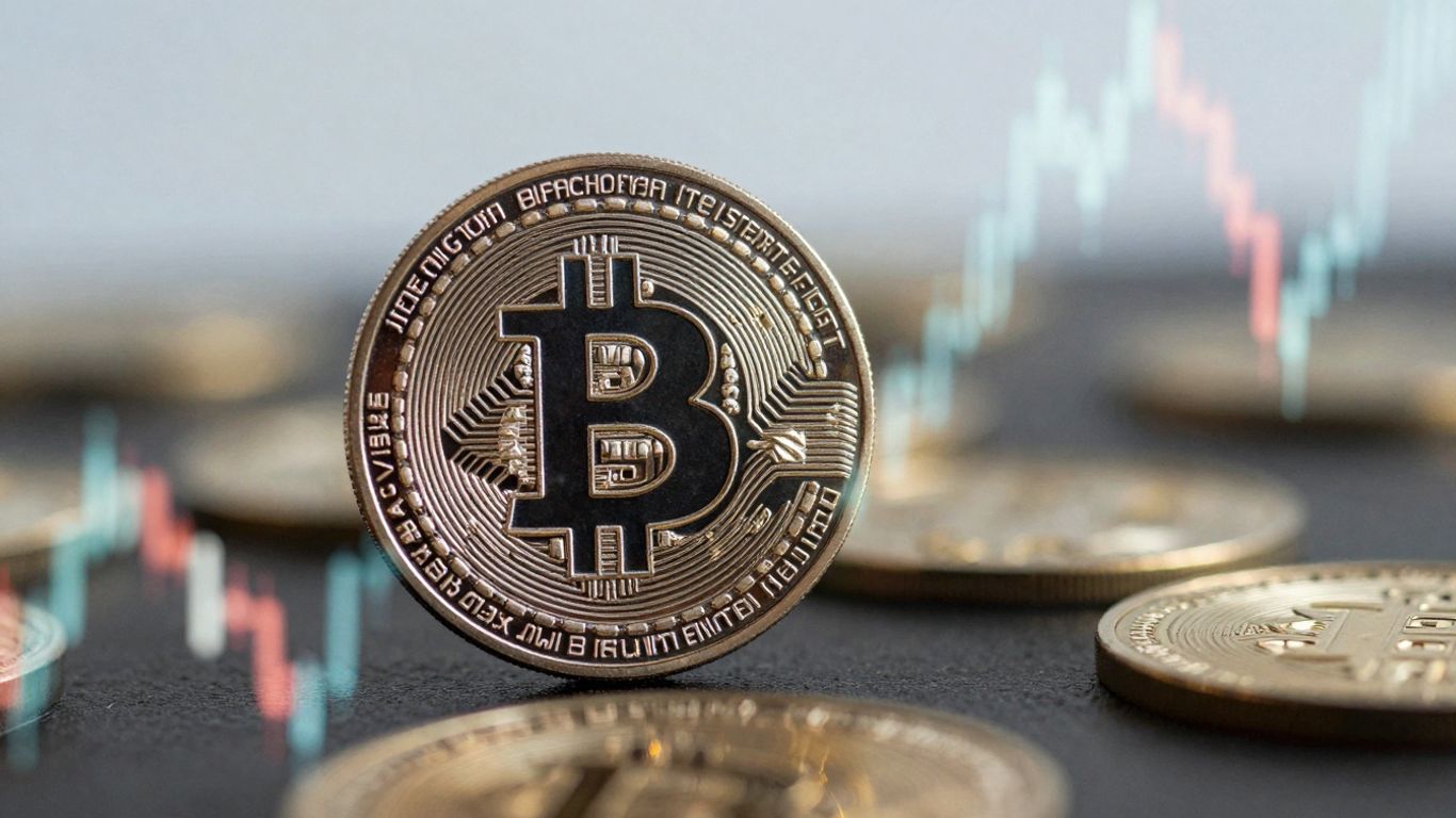 Bitcoin coin against a backdrop of digital streams