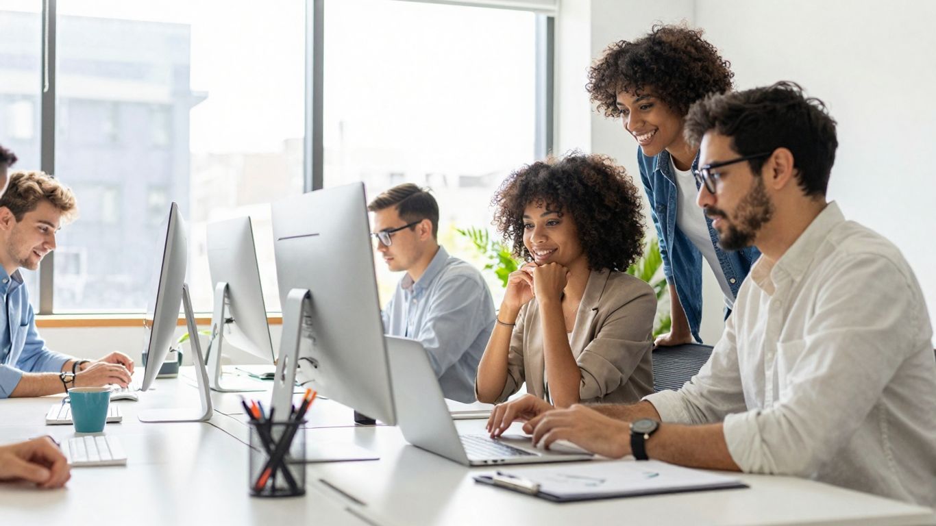 Marketing agency team collaborating in a bright office.