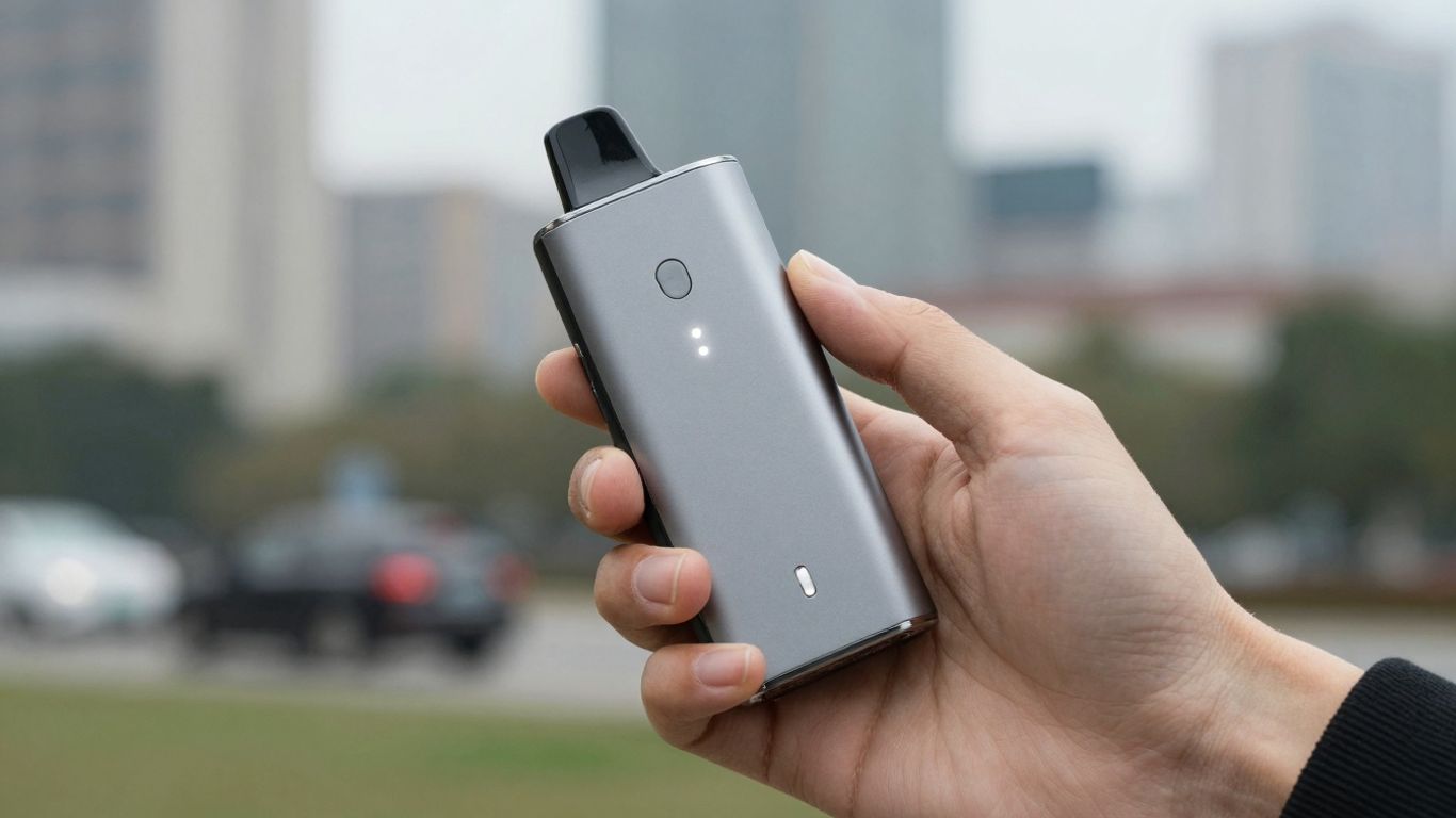 Person hält E-Zigarette in der Hand, unterwegs