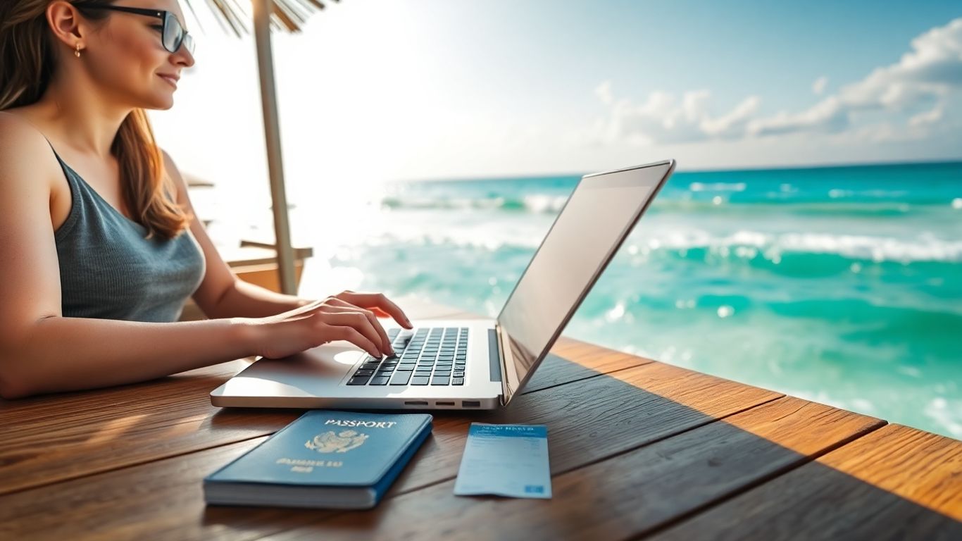 Person trading online on a laptop at a beach.