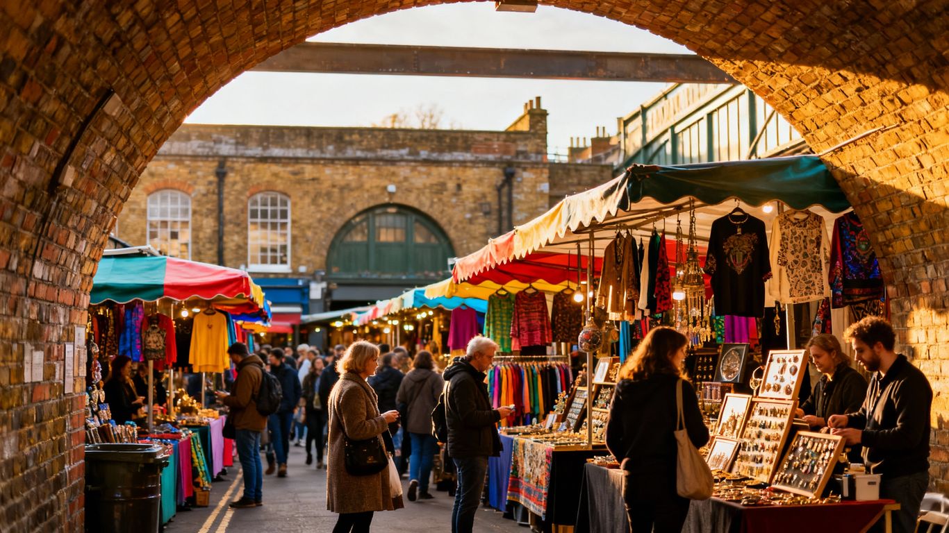 Camden Stables Market London street scene with stalls and shoppers.