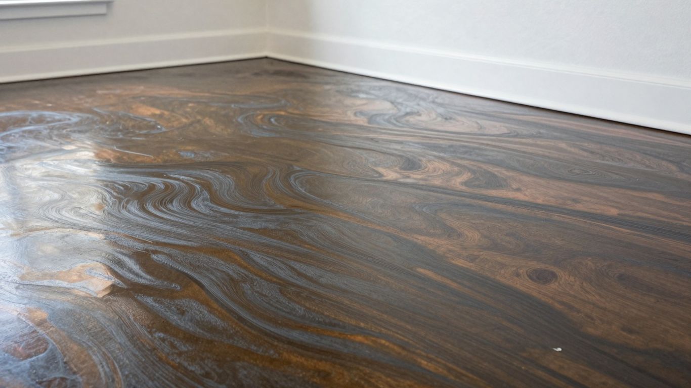 Metallic epoxy floor with bronze and copper swirls.