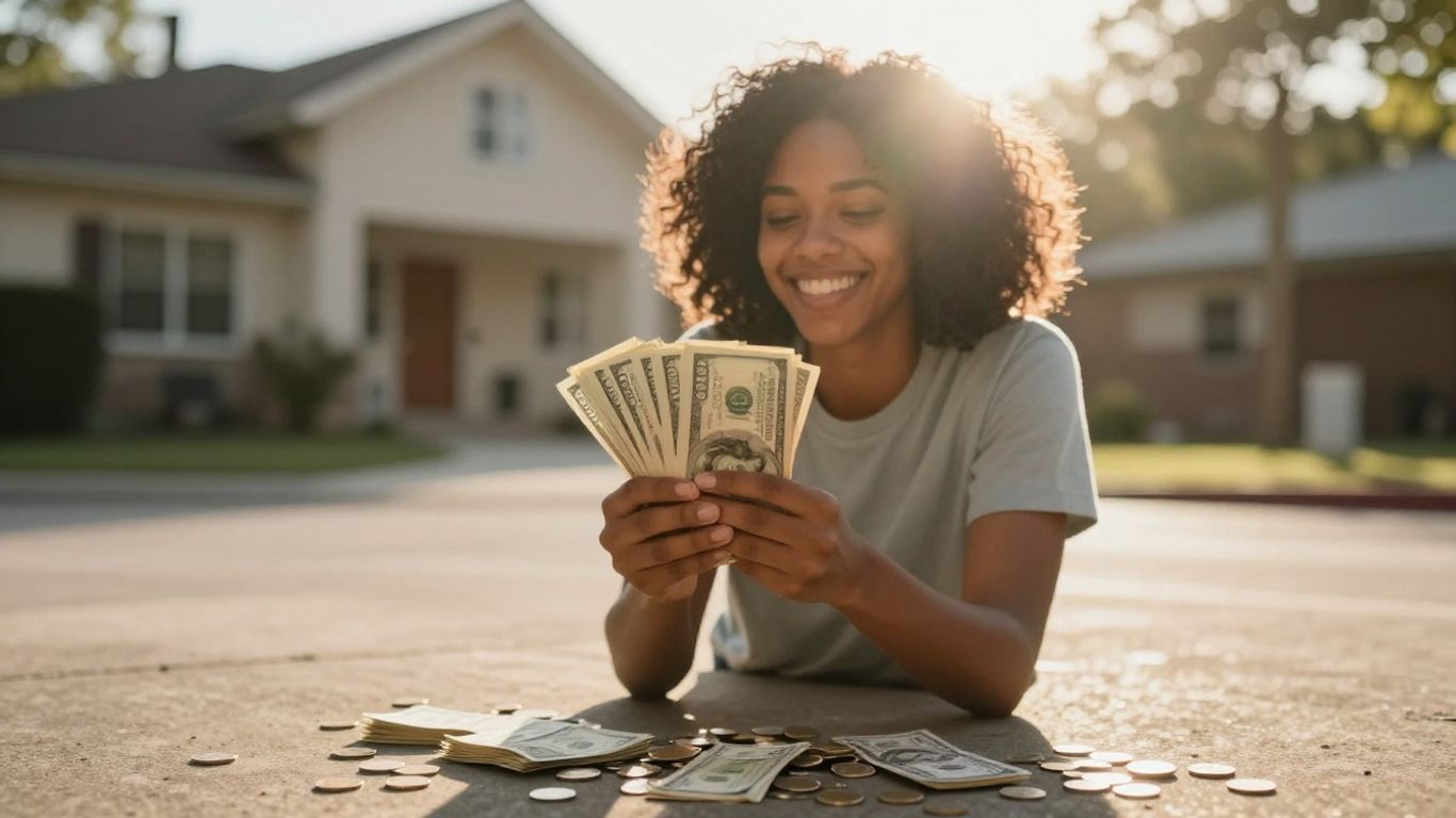 Person holding money with house and coins.